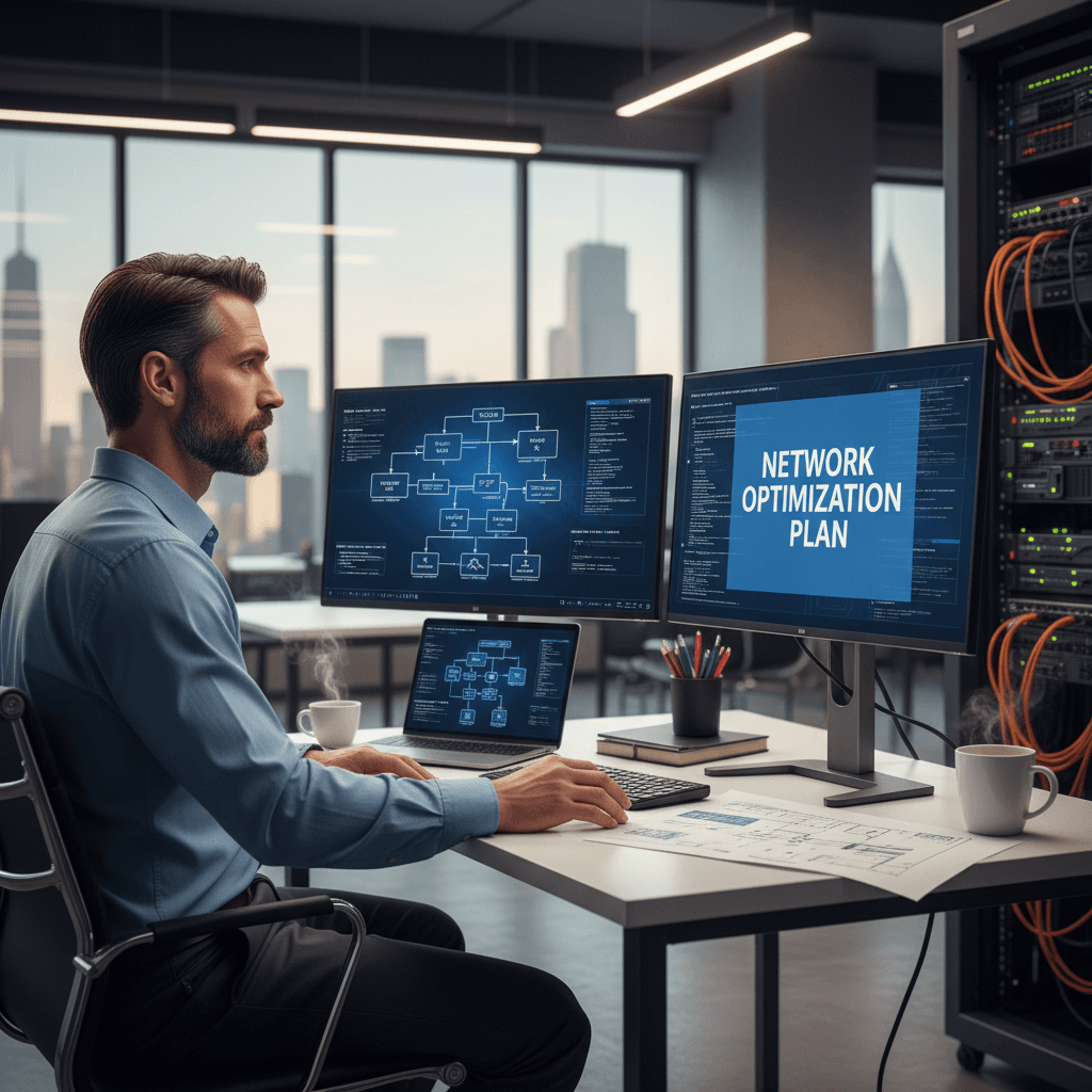 IT consultant analyzing network infrastructure at modern office workstation